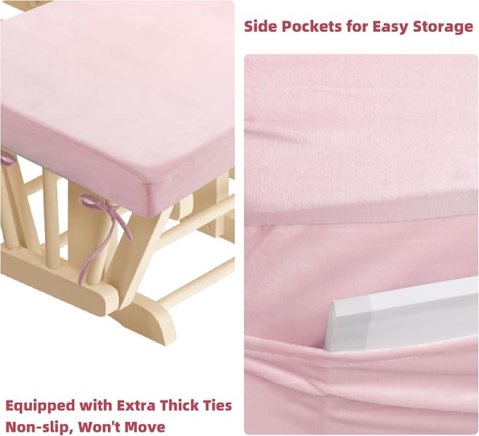 5 PCS Velvet Glider Rocker Replacement Cushions with Side Storage Pocket, Thickened & Supportive Cushions Set for Indoor Nursery Rocking Chair, Pink
