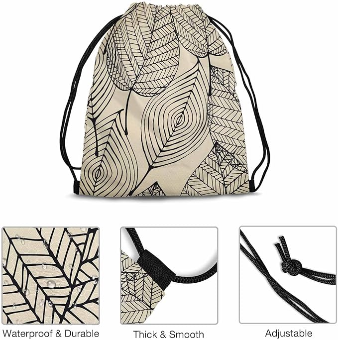 Drawstring Backpack Bag Black Texture Leaf Autumn Beige Seamless Stylized Leaf Pattern Lightweight Backpack Soccer Ball Bag Sutiable for Sports Beach Short Travel Stroage 14x16.9 Inch