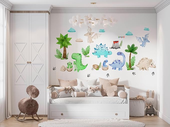 Large Dinosaur Wall Decals by Lipastick - 110 pcs Watercolour Dinosaur Kids Wall Stickers - Dinosaur Footprints Silhouettes Decals for Walls β Peel and Stick Decal for Kids Bedroom Nursery L Size