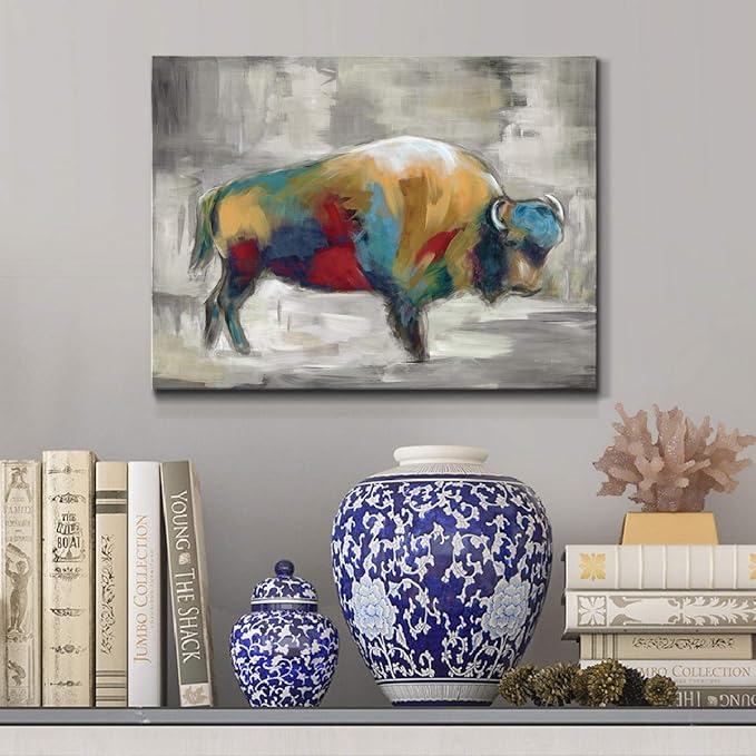 Renditions Gallery Canvas Animal Wall Art Home Paintings & Prints Colorful Bison Brushstroke Abstract Black & White Modern Artwork Decorations for Bedroom Office Kitchen - 8"x12" LT33