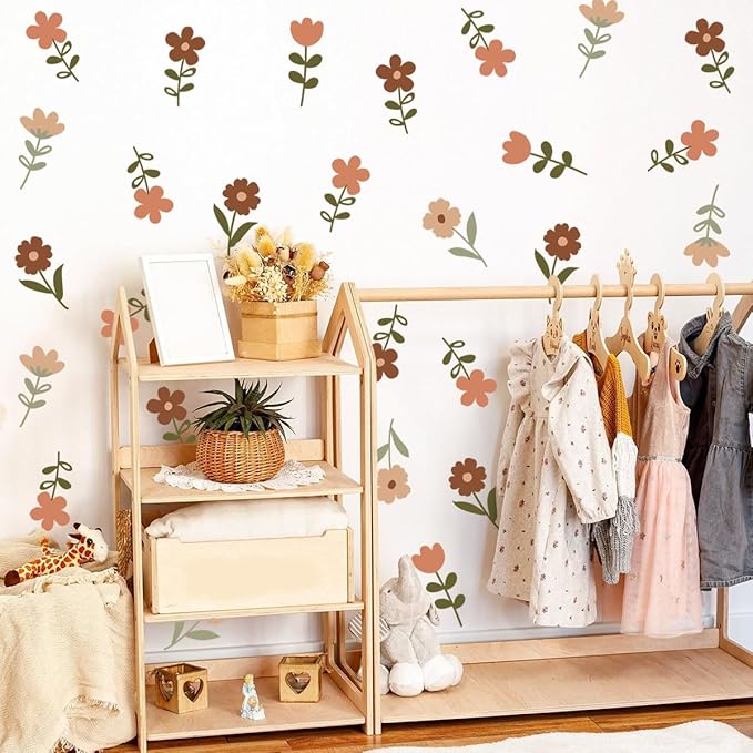 72pcs Flowers Wall Decals,Boho Flowers Wall Stickers,Wildflower Grass Wall Stickers,Removable Floral Wall Murals Peel and Stick Colorful Flower Wall Decor,Girls Bedroom Living Room Kitchen Wall Decor