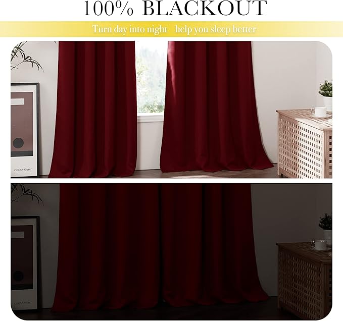NICETOWN 100% Blackout Curtains with Same Color Liner Backing, Thermal Insulated Curtains for Bedroom, Noise Reducing Drapes, Burgundy Red, 42" Wide x 84" Long Per Panel, Set of 2 Panels