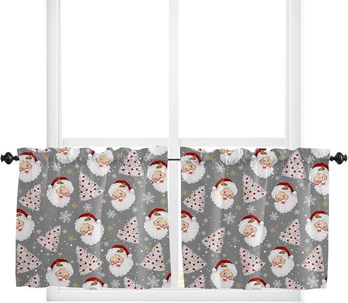 Grey Christmas Kitchen Curtains and Valances Set, Santa Claus Merry Christmas Tree Windows Treatments Tiers Half/Short Curtains for Small Windows Cafe/Living Room/Bedroom 54x36 in Winter Snowflake
