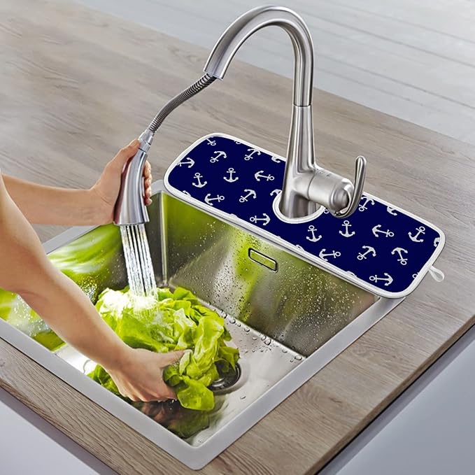 Nautical Theme Anchor Faucet Water Catcher Mat 2 Pack Navy Blue Sea Coastal Drying Mat Absorbent Bathroom Faucet Handle Drip Catcher Tray Bar RV Kitchen Sink Splash Guard 30x5 Inches