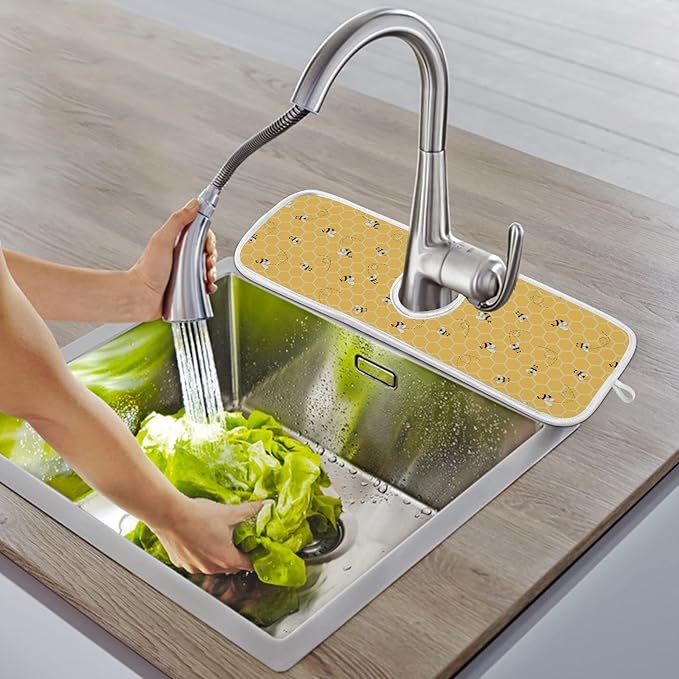 Funny Bees Honey Faucet Water Catcher Mat 2 Pack Yellow Bumblebee Beehive Drying Mat Absorbent Bathroom Faucet Handle Drip Catcher Tray Bar RV Kitchen Sink Splash Guard 30x5 Inches