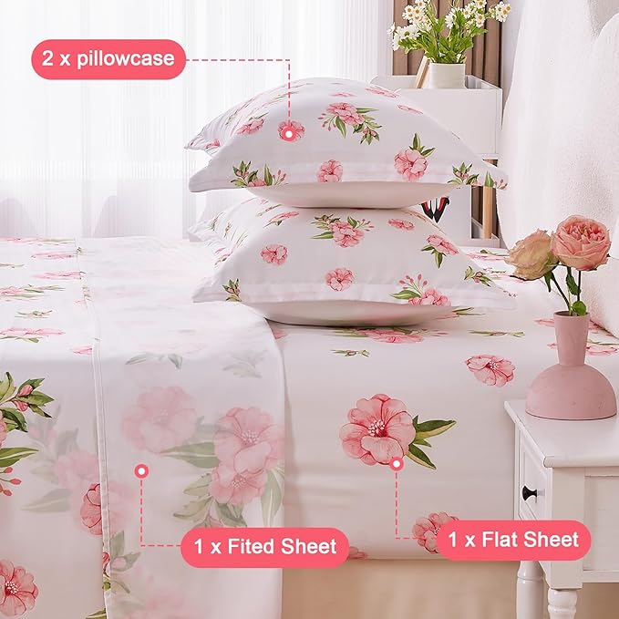 Queen Sheet Set White Pink Floral Bed Sheets Set Cute Soft Microfiber Cooling Sheets 4 Pieces Queen Size Bed Set Wrinkle Free, 15 inch Deep Pocket Fitted Sheet, Flat Sheet, Pillowcases