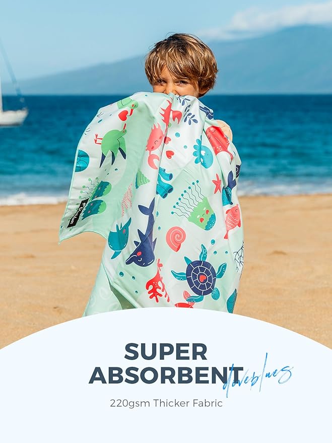 Kids Beach Towel 60''x30'', Quick Dry, Sand Free, Compact, Lightweight, Absorbent, Girls & Boys Large Microfiber Towels for Pool, Swim, Cruise Essentials, Turtle
