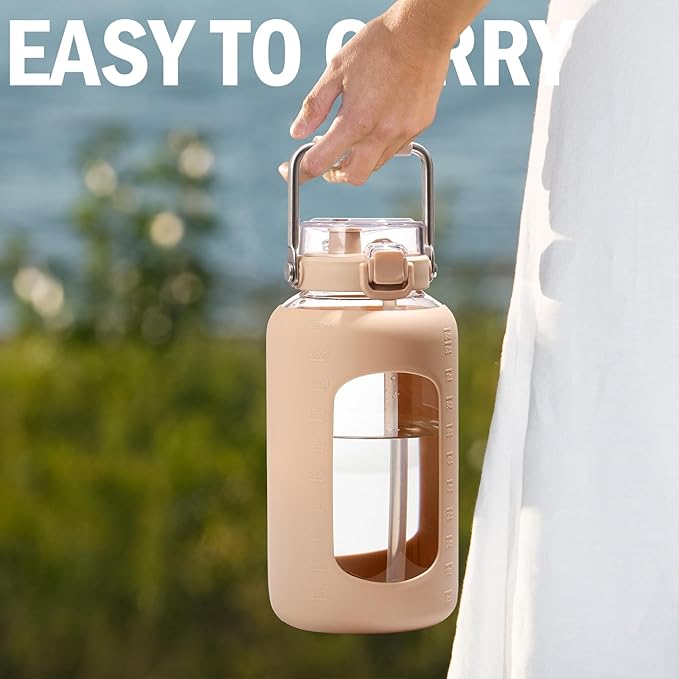 84oz Glass Water Bottle with Stainless Steel Handle,2.4L Gallon Water Bottle With 2-IN-1 Straw Lid, Silicone Sleeve and Motivational Capacity Marker, Wide Mouth Water Jug For Gym, Workout, Amber