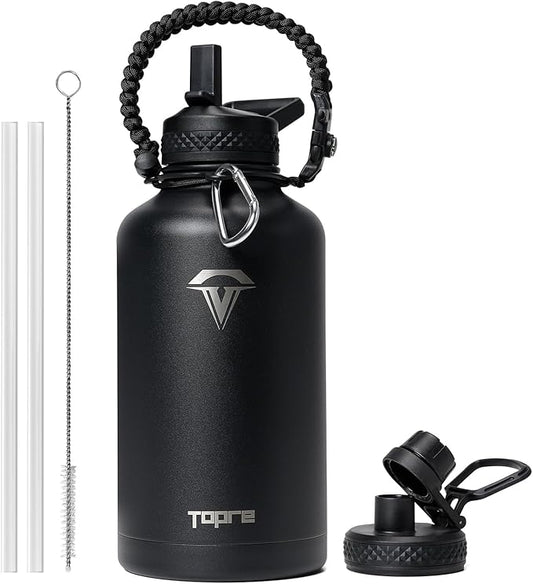 Half Gallon Water Bottle,64oz Insulated Water Bottle Stainless Steel Vacuum, Cold for 48 Hrs,BPA-Free & Leakproof -with Handle,Straw Spout Lids,Big Flask Jug for Gym Sports,Black without Pouch