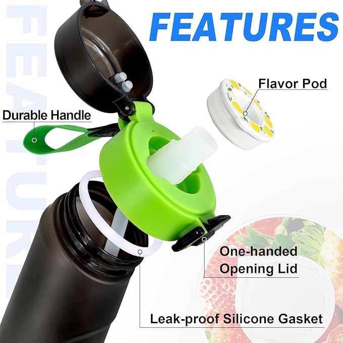Air Water Bottle with Flavor Pods, 25 OZ Tritan Sports Water Bottle with Straw, Scented Water Bottle with Handle (Black Green+5 Flavor Pods)
