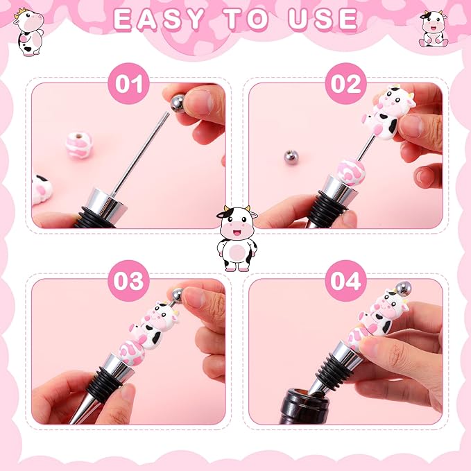 Gisafai 12 Set Cow Beadable Wine Stoppers Thank You Wedding Favors for Guests Decorative Beaded Wine Bottle Stopper with Cow Beads Organza Bag Tag for Wedding Cow Party Favor Baby Shower Gifts