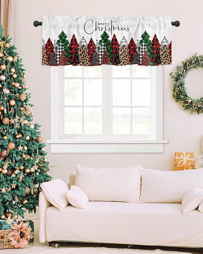 Merry Christmas Valance Curtains for Kitchen Windows Buffalo Plaid Xmas Tree Winter Forest Farmhouse Rod Pocket Window Treatment Toppers for Kitchen/Living Room/Bedroom/Bathroom, 60" X 18",Red Green