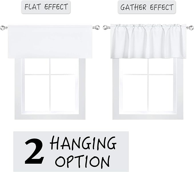 4 Panels White Valance for Windows 42x18 Inch Solid Thermal Insulated Blackout Rod Pocket Kitchen Short Curtain Toppers Valance for Bathroom Living Room
