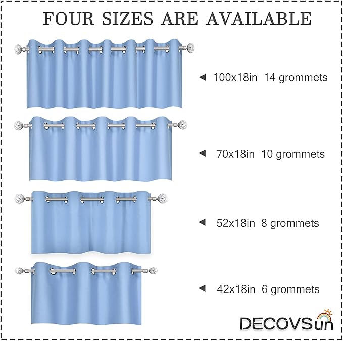 Sky Blue Valances for Windows 100X18 Inches Blackout Thermal Insulated Valance with Grommet Top for Kitchen Living Room Short Straight Drape Valance for Bedroom Kids Room 1 Panel