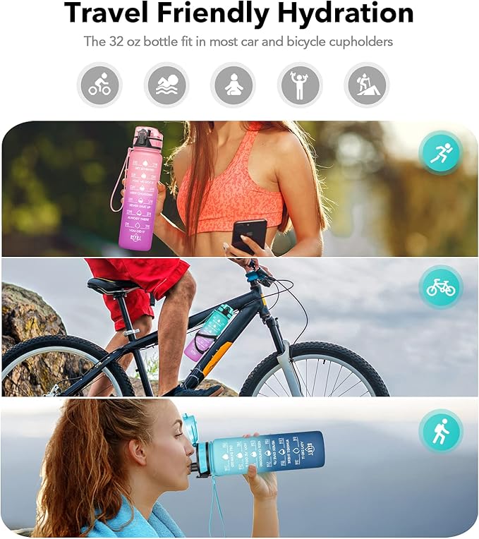 32oz/26oz Motivational Water Bottle with Time Marker & Fruit Strainer, Leak-proof BPA Free Non-Toxic 1l Bottle with Carrying Strap, Perfect for Fitness, Gym and Outdoor Sports,Plastic