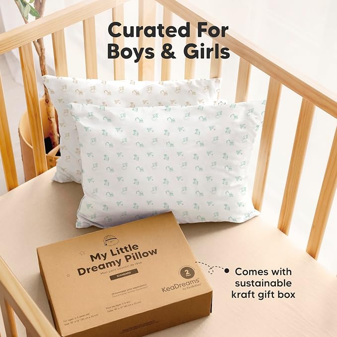 2-Pack Toddler Pillow - Soft Organic Cotton Toddler Pillows for Sleeping - 13X18 Small Pillow for Kids - Kids Pillows for Sleeping - Kids Pillow for Travel, School, Nap, Age 2 to 5 (Excavator)