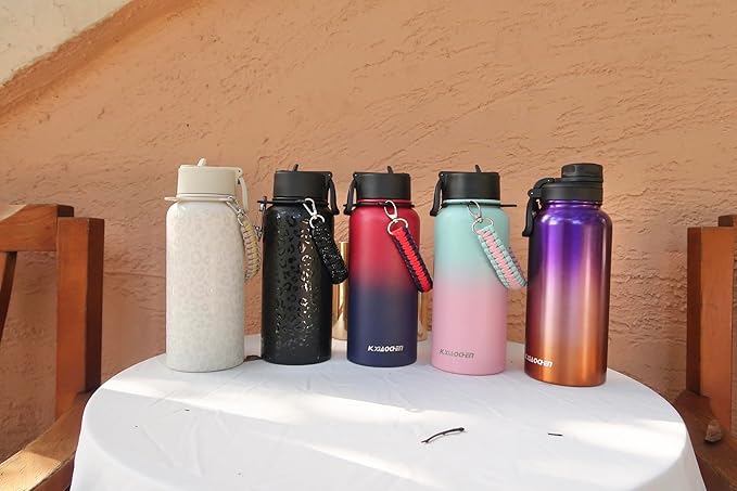 32 oz Insulated Water Bottle with Paracord Handles & Strap, 2 Lids(Straw Lid&Spout Lid), Stainless Steel Reusable Wide Mouth Metal Water Bottle With Straw, Double Walled, Thermo Mug(Tropical Fruit)