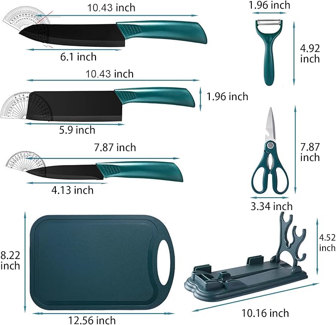 Magicorange 7-Piece Kitchen Knife Set - 5 Black Stainless Steel Knives with Sheaths, Cutting Board, and a Knife Block- Stainless Steel Kitchen Knives with PP Ergonomic Handle (Green)