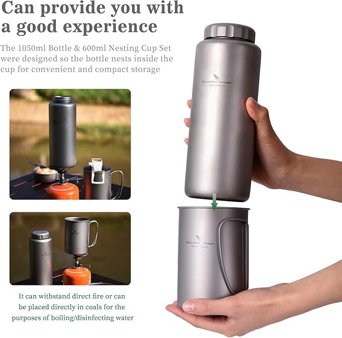iBasingo 1050ml Titanium Bottle 600ml Nesting Cup Outdoor Camping Single Layer Wide Mouth Cookware Lightweight Portable Bottle Mug Hiking Picnic Solo Cooking Mess Kit