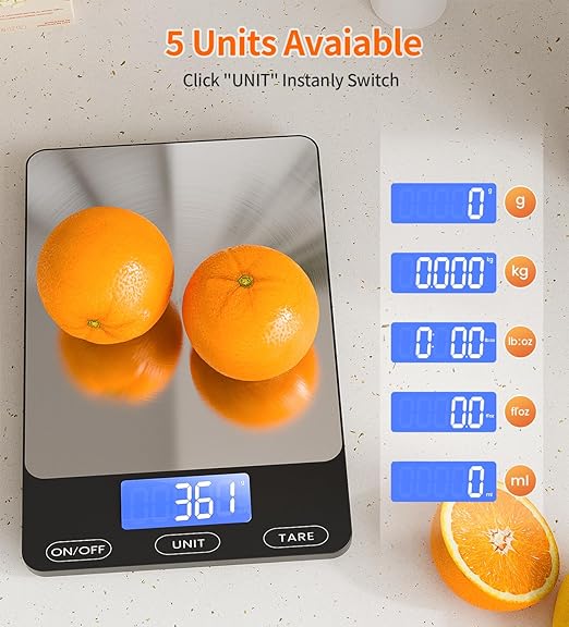 Food Scale -33lb Digital Kitchen Scale for Food Ounces Grams Rechargeable 304 Stainless Steel,Batteries and Type-C Charging | Perfect for Meal Prep, Cooking, and Baking, Black, Larger Size