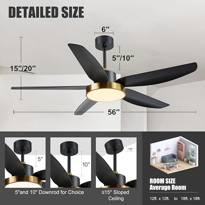 Modern Ceiling Fan with Light and Remote Control,56''Ceiling Fan with 3 Color Lights,Memory Function,5 Blades,6 Speeds,Outdoor Fan and Light for Living Room,Bedroom,Kitchen,Black Gold