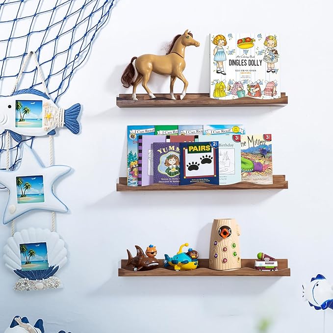 AZSKY Nusery Book Shelves for Kids, Picture Ledge Shelf for Wall Decor and Storage, Floating Photo Shelves with Lip for Picture Frames (Walnut, 23.6 Inches)