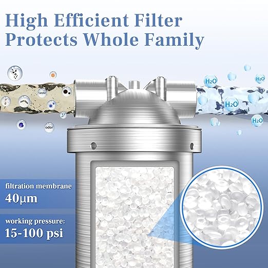 Stainless Steel Whole House Water Filter System, Fits Both 1”and 3/4” Inlet/Outlet – Reduce Sediment, Rust and Grit, Improve Tap Water Taste, Protect Appliances (1 Filter Included)