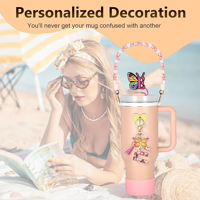 SPORCLO Stanley Cup Accessories Include Silicone Stanley Straw Cover, Butterfly Letter Keychain Charms, Water Bottle Handle Strap, Boot and Chain for Stanley Cup 30oz 40oz Tumbler