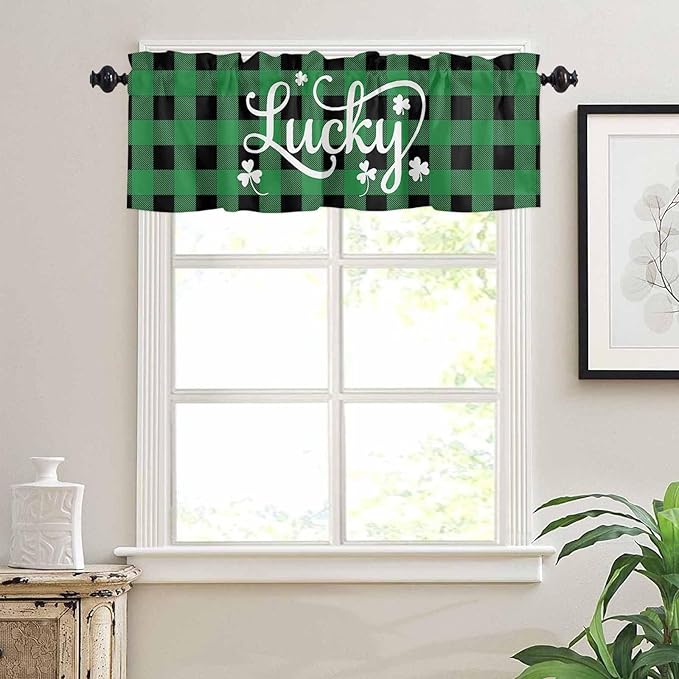 St. Patrick's Day Buffalo Plaid Kitchen Curtains and Valances Set, Lucky Shamrocks Clover Window Tiers Rustic Green Black Half/Short Curtains for Small Windows Cafe /Living Room/ Bedroom 54x 36 in