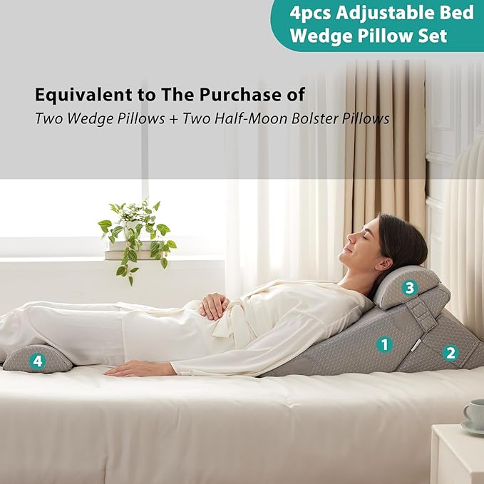 Adjustable 4pcs Bed Wedge Pillow Set, Memory Foam Wedge Pillow Post Surgery for Back, Neck, Leg Pain Relief, Pillow Wedge for Sleeping, Sitting up in Bed, Acid Reflux and GERD, Grey