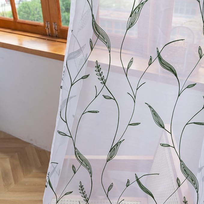Windows Sheer Curtains Embroider Dark Green Leaf 95 Inches Length 2 Panels Voile Light Filtering Sheer Curtains Panel Basic Rod Pocket for Bedroom Living Room Children Room