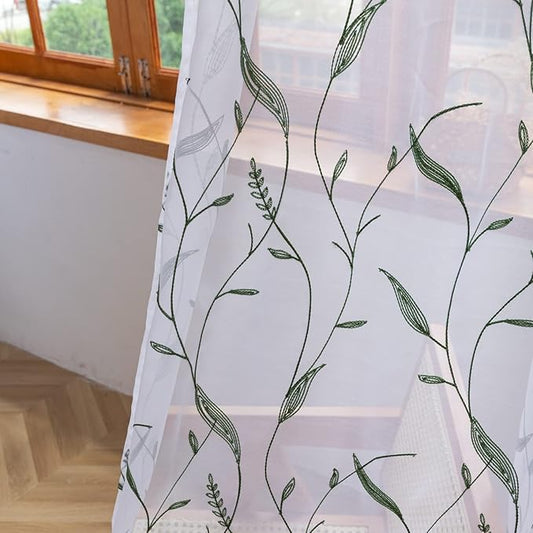 Windows Sheer Curtains Embroider Dark Green Leaf 95 Inches Length 2 Panels Voile Light Filtering Sheer Curtains Panel Basic Rod Pocket for Bedroom Living Room Children Room