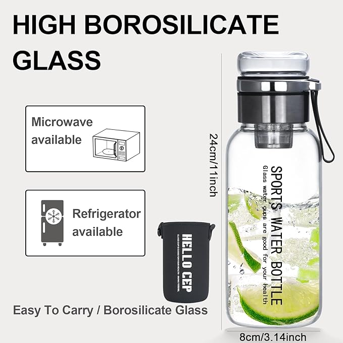 Glass Drinking Bottles,Borosilicate Sports water bottles, 34oz Capacity, With Stainless Steel Tea Strainer and Cup sleeve,Leak-Proof, BPA-Free, for Hot & Cold Beverages Tea, Juice(1PCS)
