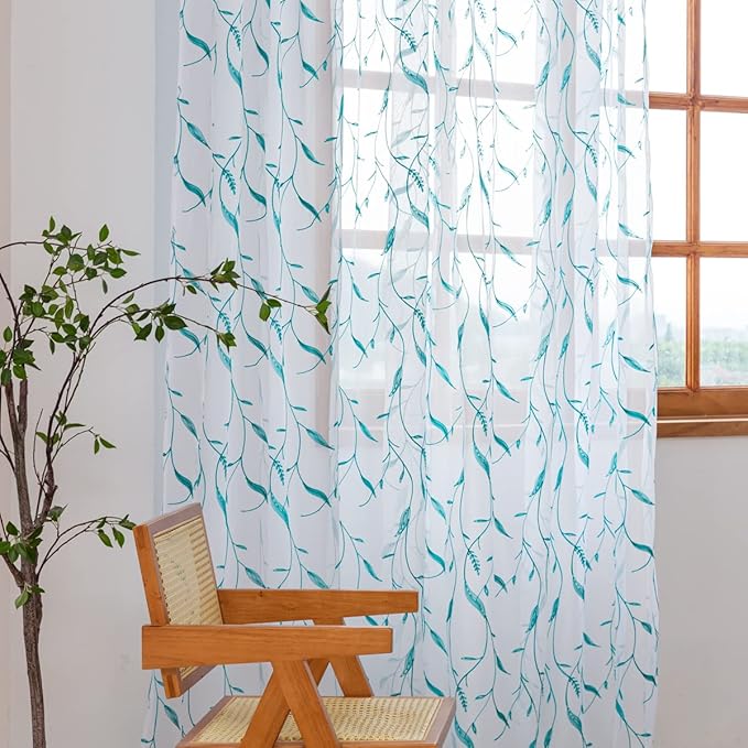 Windows Sheer Curtains Embroider Green Leaf 108 Inches Length 2 Panels Voile Light Filtering Sheer Curtains Panel Basic Rod Pocket for Bedroom Living Room Children Room