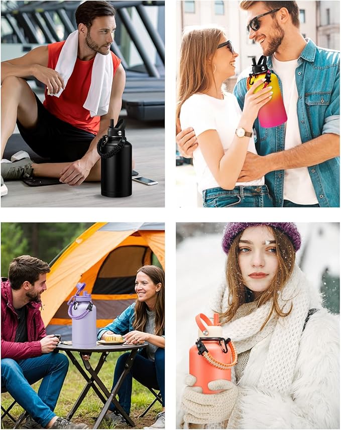 64 oz Water Bottle Insulated - Keep Cold 48H & Hot 24H, Half Gallon Water Jug with Paracord Handle, Straw Spout Lids, Stainless Steel Flask Canteen, Large Water Bottle for Women Men Work Sport