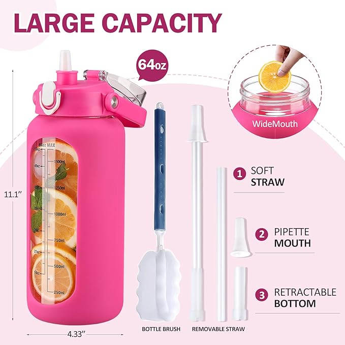kytffu 64oz Glass Water Bottles with Straw, Half Gallon Motivational Glass Bottle with Silicone Sleeve and Time Marker, 2L Leakproof Large Glass Water Jug for Gym Home Office, Rose Red