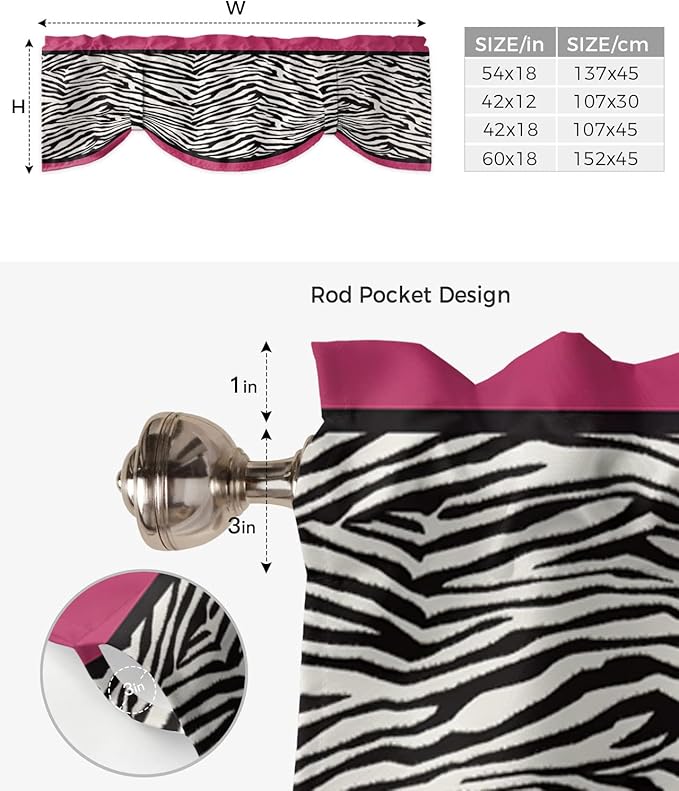 Animal Zebra Print Blackout Tie Up Valance Curtains for Kitchen Windows Black White Pink Window Toppers Balloon Shades for Living Room/Bathroom/Bedroom,1 Panel,54" X 18"