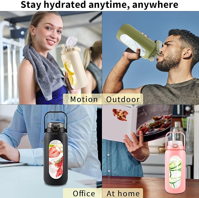 64oz Glass Water Bottle with Straw and Handle - Half Gallon Motivational Water Jug with Time Marker and Silicone Sleeve, Leak proof Wide Mouth Water Flask for Gym, Sports, and Daily Use (Black)