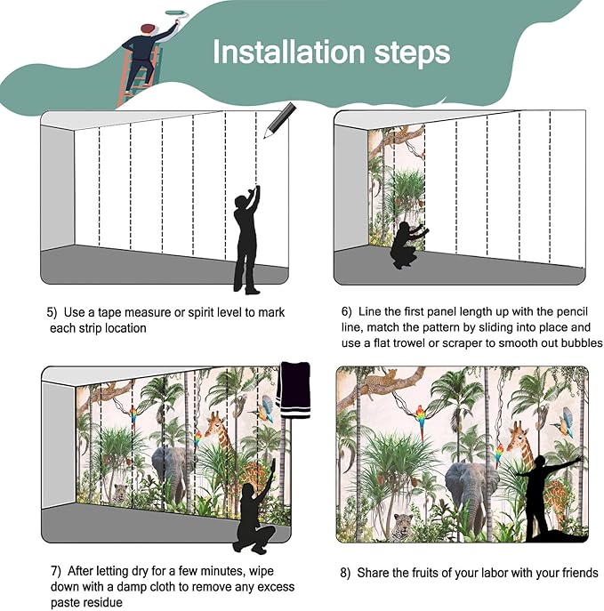 3D Safari Wallpaper Tropical Jungle and Animals Plant Wallpaper Mural for Bedroom Kids Room (Not Peel and Stick)