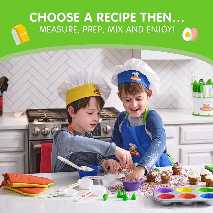 Curious Chef 17-Piece Cookware for Kids, Measure & Prep Kit, Dishwasher Safe Tools, Made with BPA-Free Plastic, Includes Real Utensils - Measuring Cups, Spoons, Bowl Set, Kitchen Timer & More