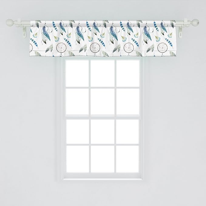 Ambesonne Tribal Window Valance, Aztec Exotic Feathers Dreamcatchers Traditional Folk Watercolor Boho Art, Curtain Valance for Kitchen Bedroom Decor with Rod Pocket, 42" x 12", Violet Blue Pale Green