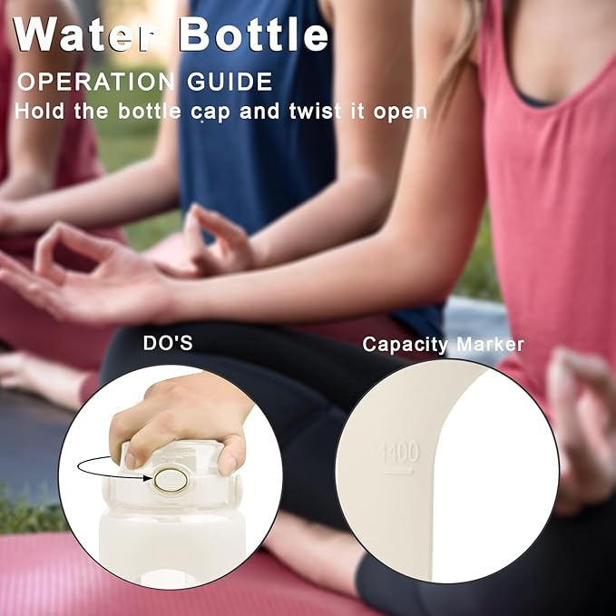 64 Oz Glass Water Bottle with Straw and Lid, Sports Motivational Water Bottle, Leakproof Water Jug Fitness with Silicone Sleeve for Gym, Beige