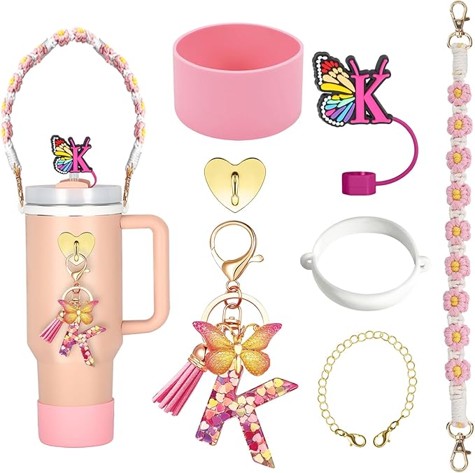 SPORCLO Stanley Cup Accessories Include Silicone Stanley Straw Cover, Butterfly Letter Keychain Charms, Water Bottle Handle Strap, Boot and Chain for Stanley Cup 30oz 40oz Tumbler