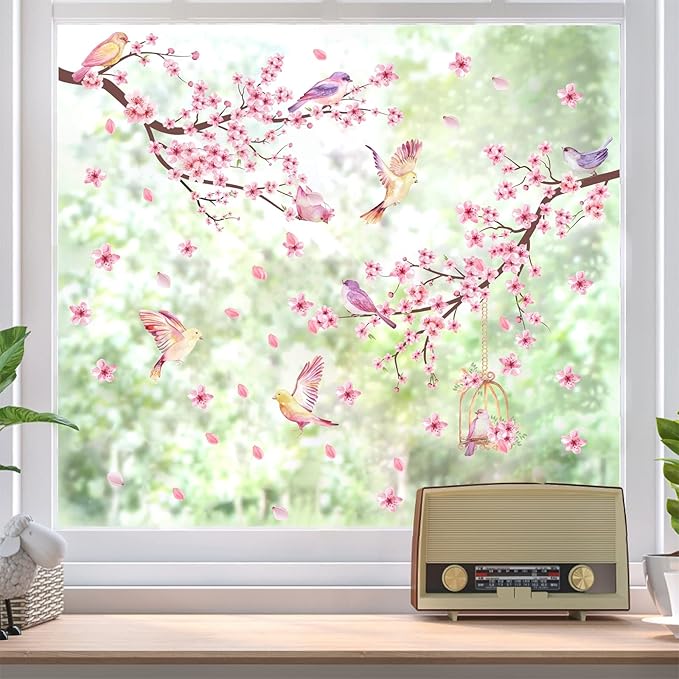 Cherry Blossom Wall Decal Peel and Stick Wall Art Decals Pink Flower Wall Decals Tree Branch Birds Wall Stickers Spring Cherry Flowers Wall Decals for Living Room Bedroom Kitchen Nursery Window Decor