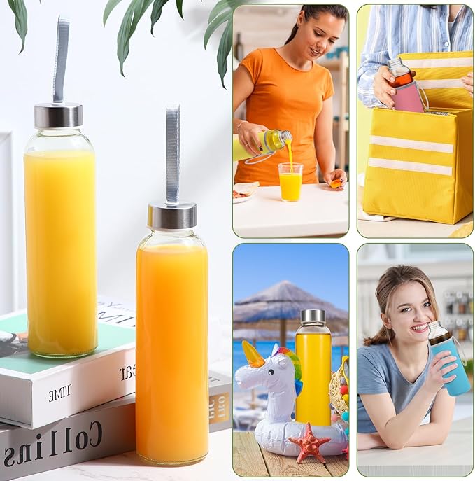 Vesici 12 Set 18 oz Clear Glass Water Bottles with Lids Reusable Glass Juicing Bottles with Colorful Protection Sleeve and Stainless Steel Leak Proof Lids for Milk Smoothie Juice Beverage Tea