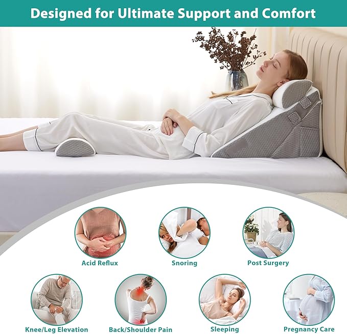 Adjustable 4pcs Bed Wedge Pillow Set, Memory Foam Wedge Pillow Post Surgery for Back, Neck, Leg Pain Relief, Pillow Wedge for Sleeping, Sitting up in Bed, Acid Reflux and GERD, White/Grey