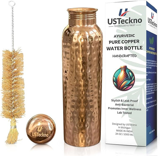 Copper Water Bottle - 34 Oz Extra Large Hammered Ayurvedic Copper Bottle for Travel,Yoga,Gym Lower Your Sugar Intake And Enjoy Health Benefits Immediately. Lab Tested (Hammered Finish)