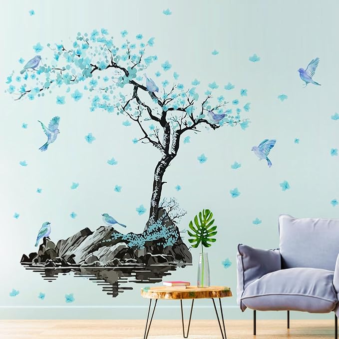 Large Flower Tree Wall Decals Blue Blossom Floral Wall Stickers Peel and Stick Wall Art Mural for Girls Bedroom Living Room Watercolor Bird Tree Branch Wall Stickers for Kitchen TV Background Decor