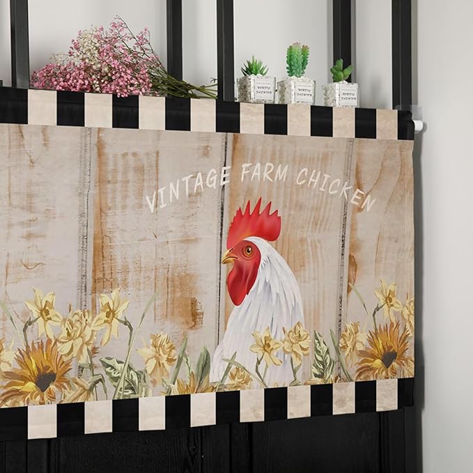 Farmhouse Kitchen Curtains Valances for Windows Sunflower Vintage Farm Chicken Rod Pocket Window Treatment for Kitchen/Living Room/Bedroom/Bathroom,60" X 18" -1 Panel, Black White Plaid