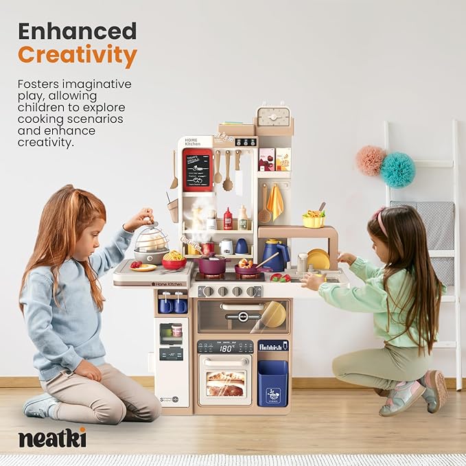 72-Piece Kids Play Kitchen Set: 27.16 x 10.62 x 36.61 Inches, Interactive Features, Realistic Design, and Educational Fun for Ages 3 and Up (Light Brown 72)